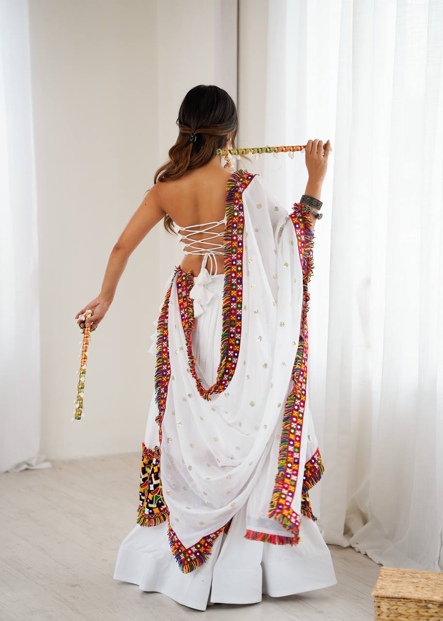 White Color Ready to Wear Navratri Katchi Patch Work Lehenga Choli