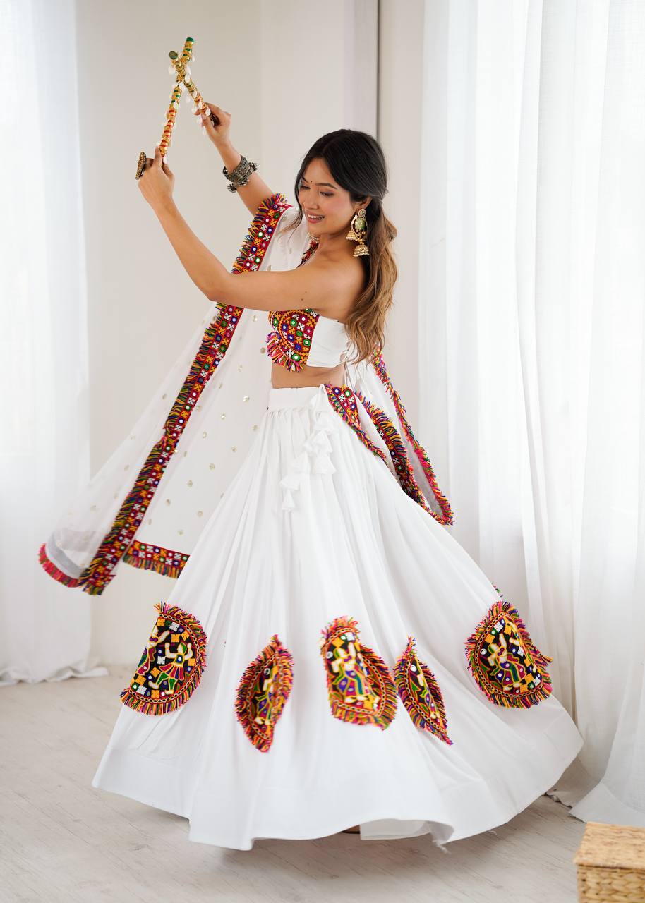 White Color Ready to Wear Navratri Katchi Patch Work Lehenga Choli