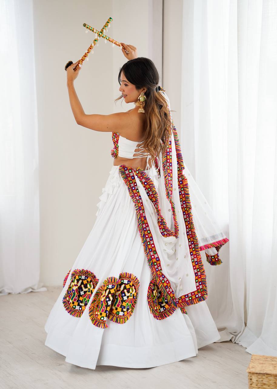 White Color Ready to Wear Navratri Katchi Patch Work Lehenga Choli