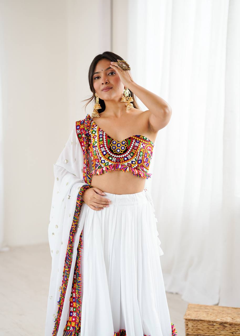 White Color Ready to Wear Navratri Katchi Patch Work Lehenga Choli