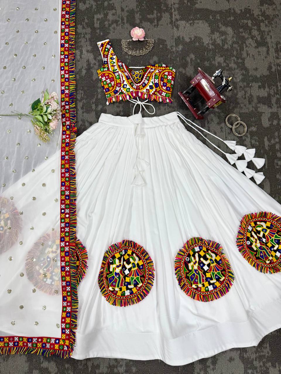 White Color Ready to Wear Navratri Katchi Patch Work Lehenga Choli
