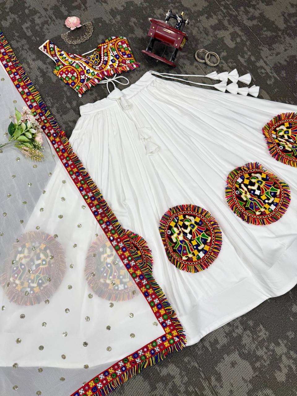 White Color Ready to Wear Navratri Katchi Patch Work Lehenga Choli