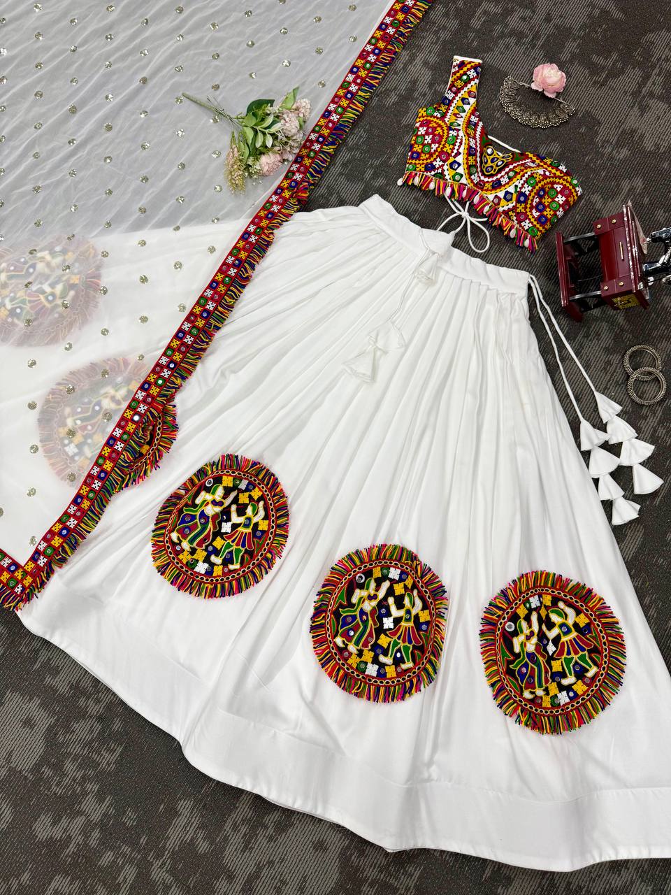White Color Ready to Wear Navratri Katchi Patch Work Lehenga Choli