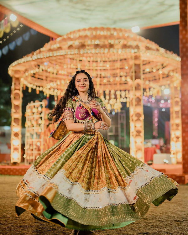 Green-Yellow Color Digital Printed Mirror Work Navratri Chaniya Choli