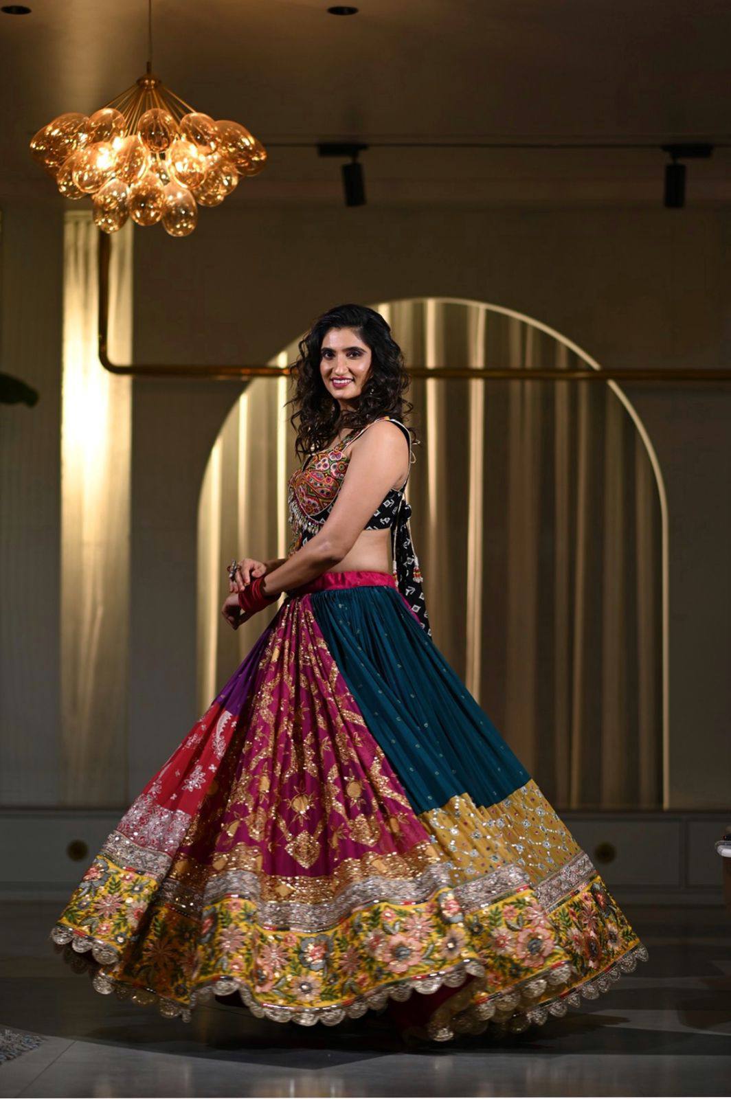 Multi Color Digital Printed Mirror Work Navratri Lehenga Set