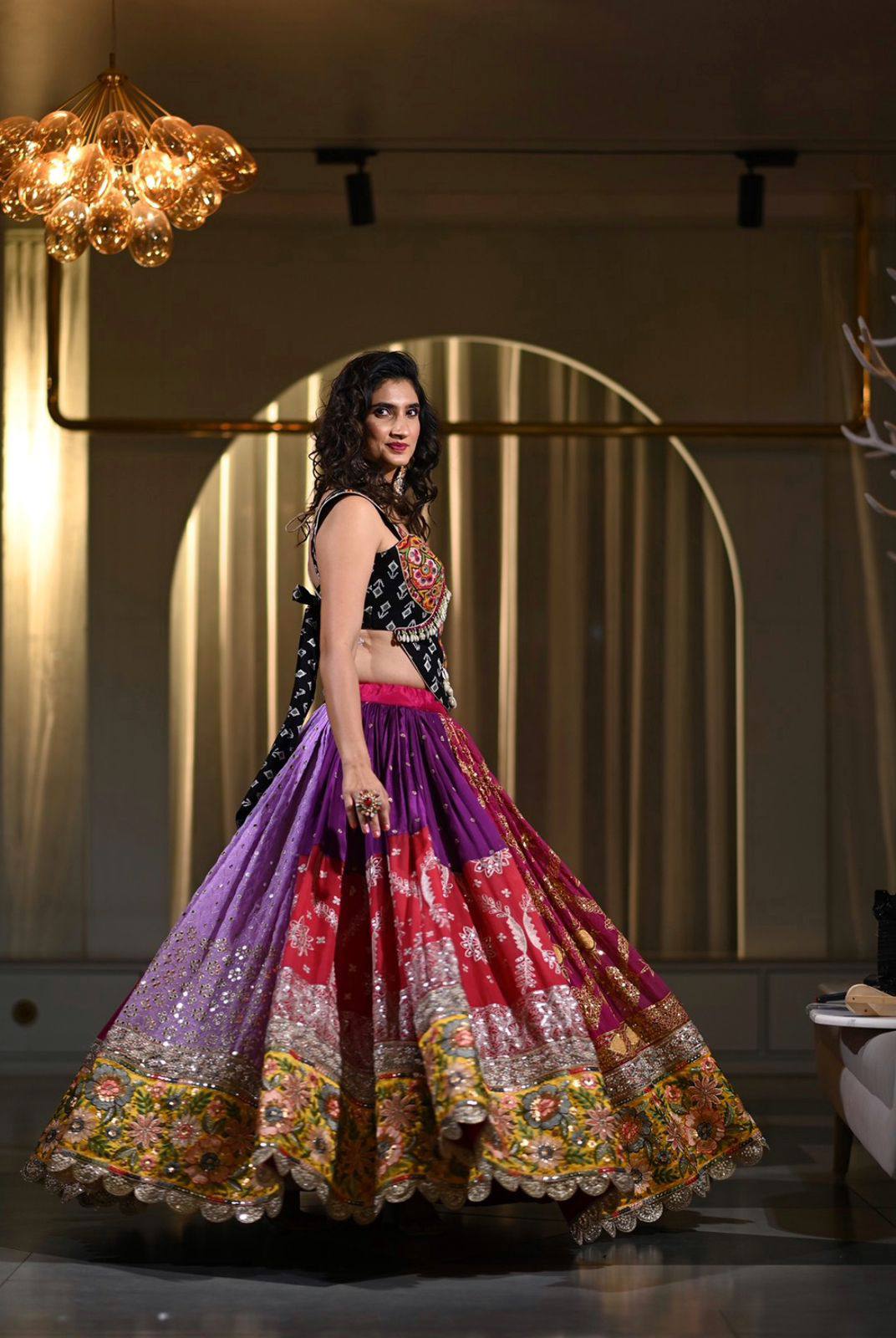 Multi Color Digital Printed Mirror Work Navratri Lehenga Set