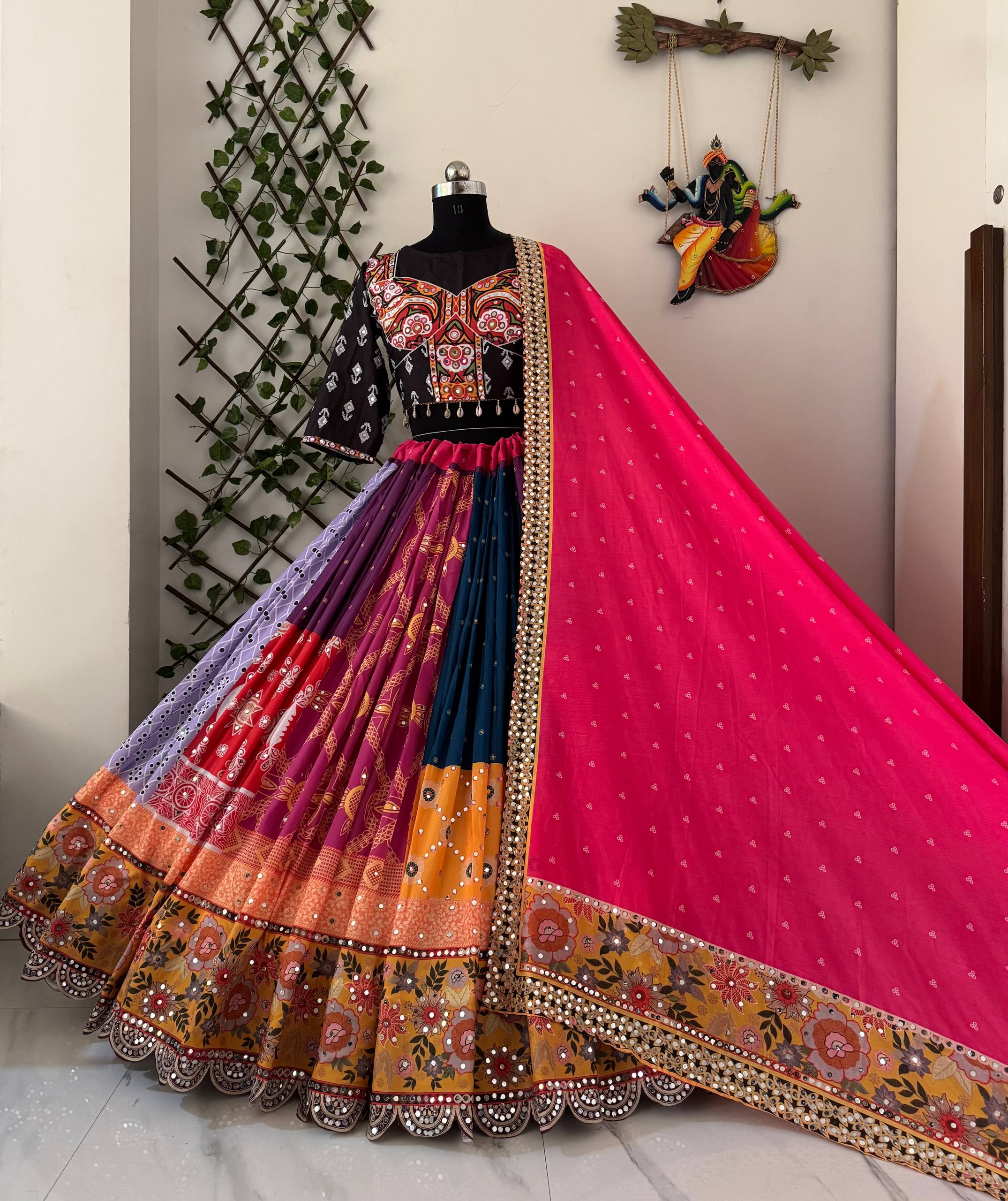 Multi Color Digital Printed Mirror Work Navratri Lehenga Set