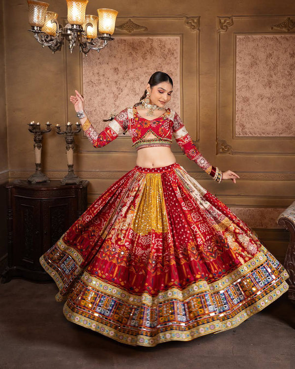 Red Color Digital Printed Mirror Work Navratri Lehenga Choli