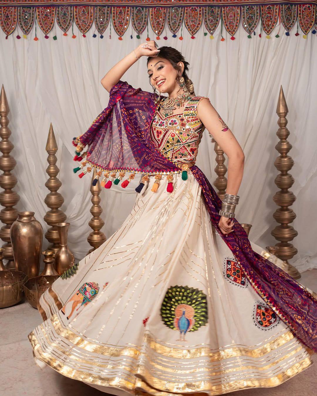 Peach Color Digital Printed Mirror Work Navratri Chaniya Choli