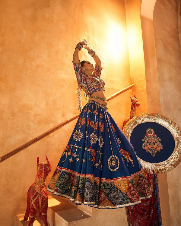 Blue Color Digital Printed Mirror Work Navratri Chaniya Choli
