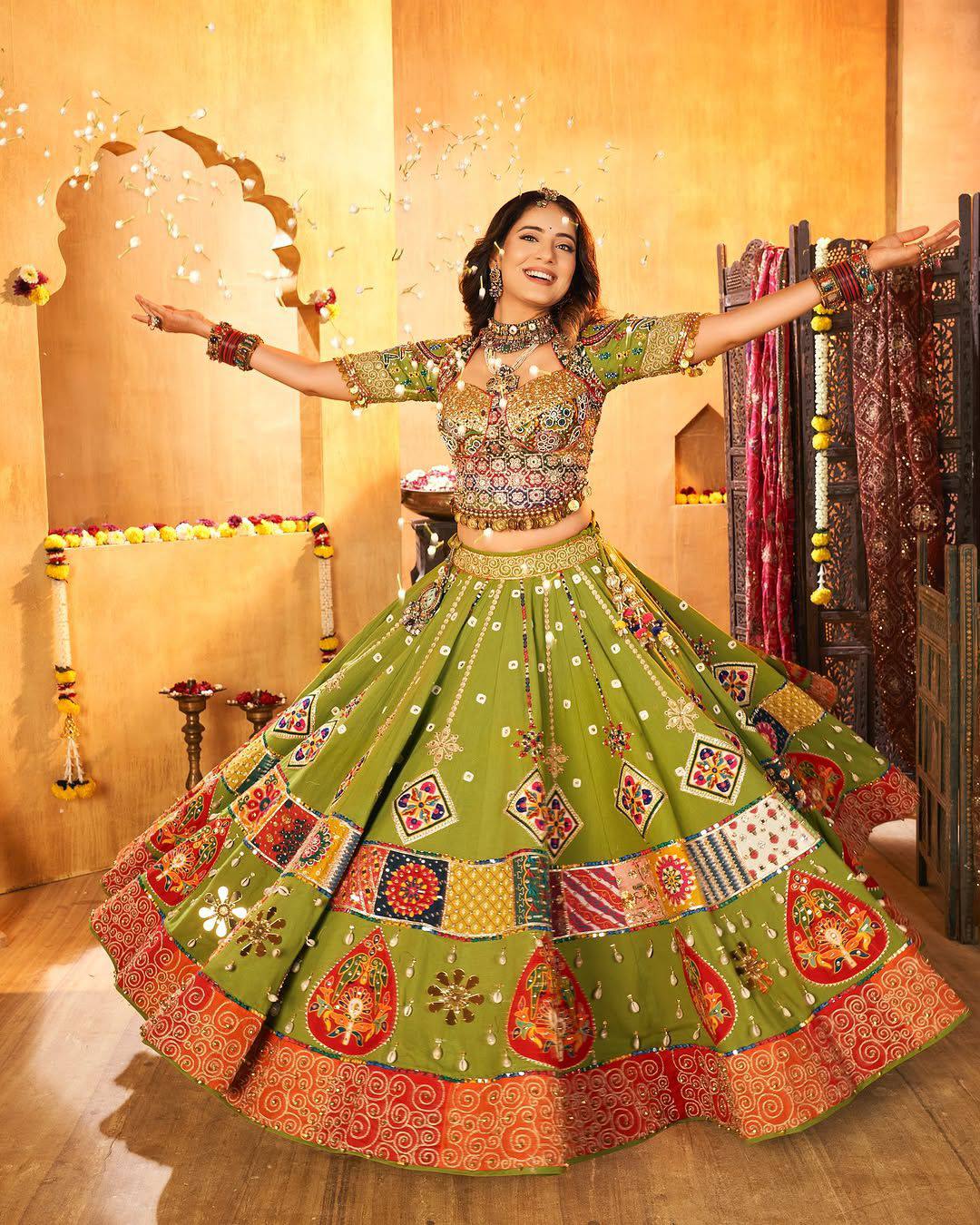 Green Color Digital Printed Mirror Work Navratri Chaniya Choli