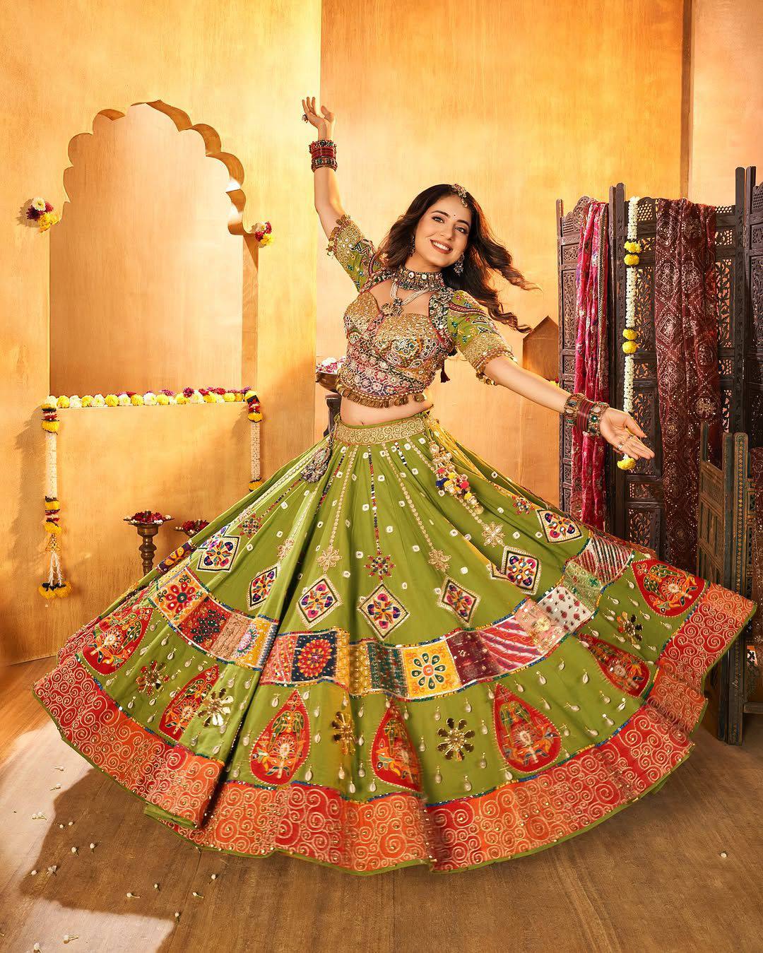 Green Color Digital Printed Mirror Work Navratri Chaniya Choli