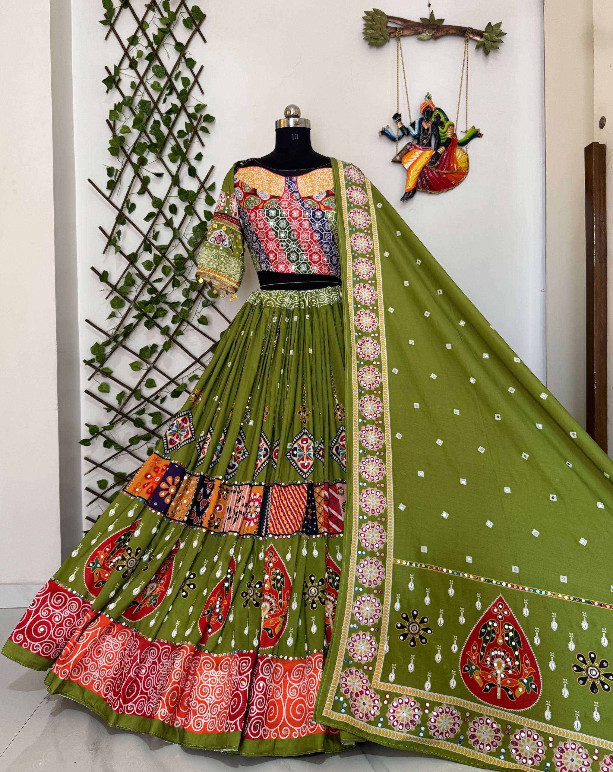 Green Color Digital Printed Mirror Work Navratri Chaniya Choli