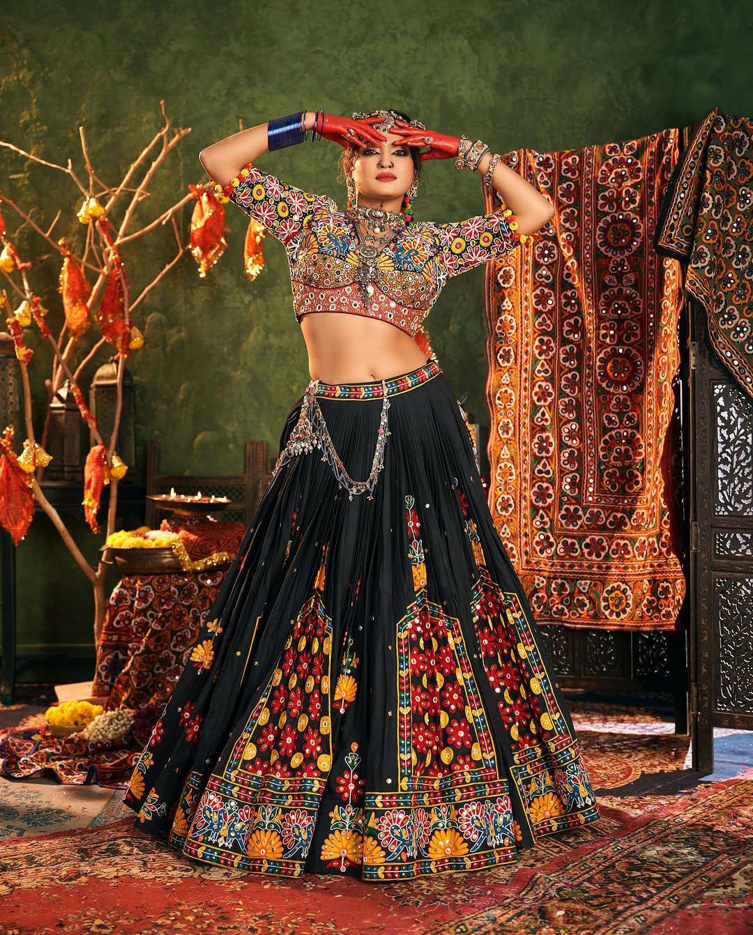 Black Color Digital Printed Mirror Work Navratri Chaniya Choli