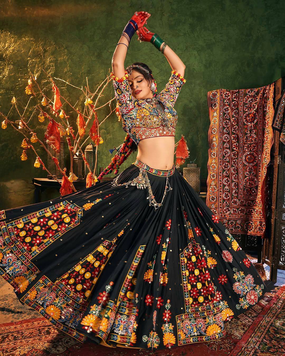 Black Color Digital Printed Mirror Work Navratri Chaniya Choli