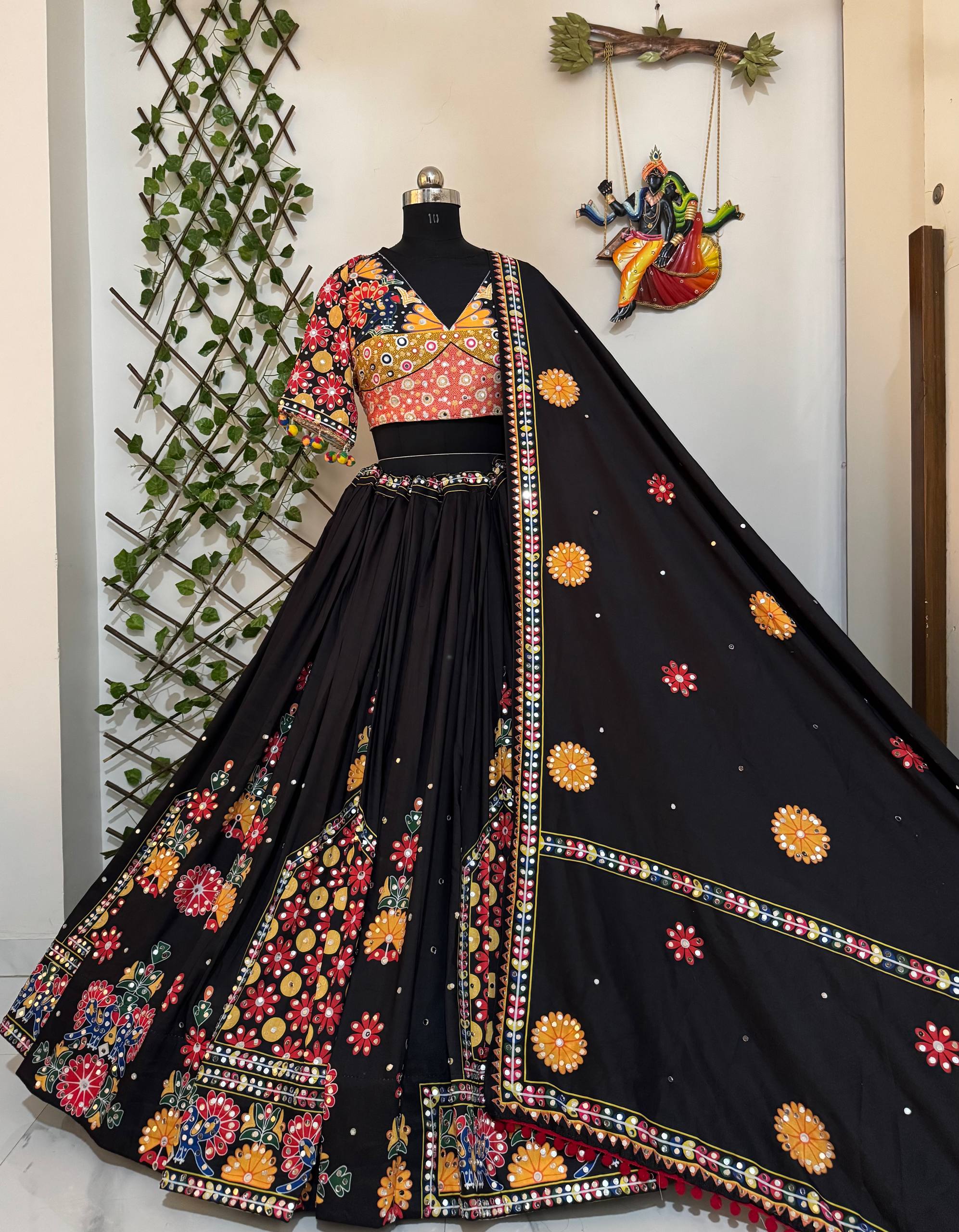Black Color Digital Printed Mirror Work Navratri Chaniya Choli