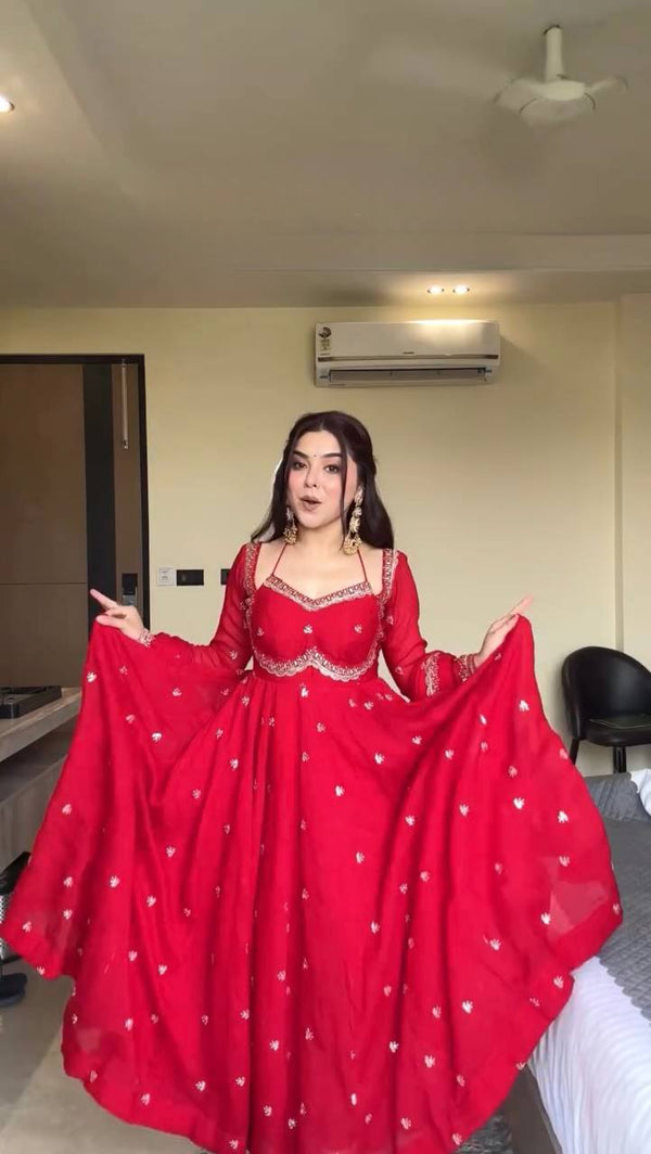 Red Color Georgette Embroidered Designer Trendy Gown