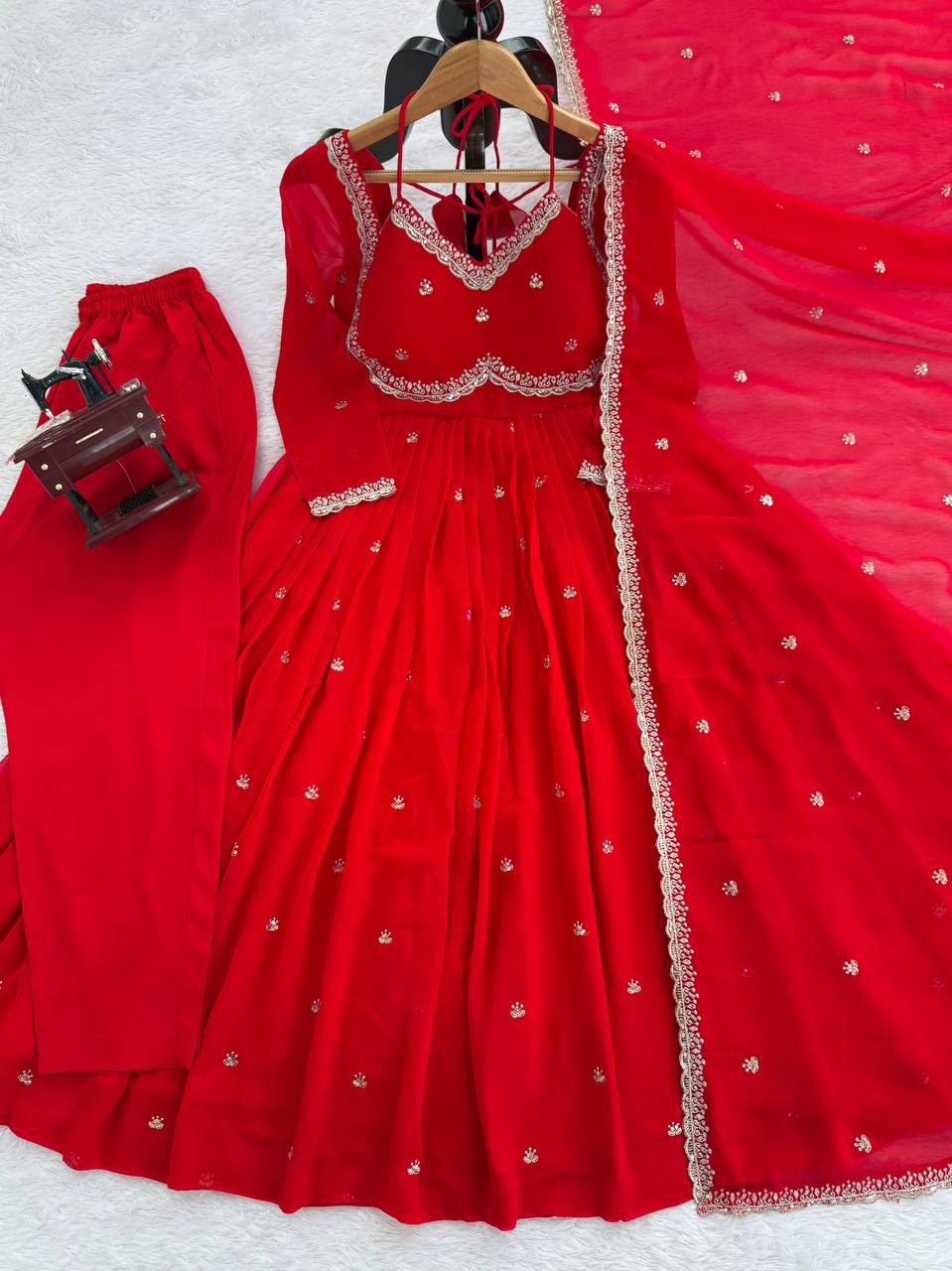 Red Color Georgette Embroidered Designer Trendy Gown