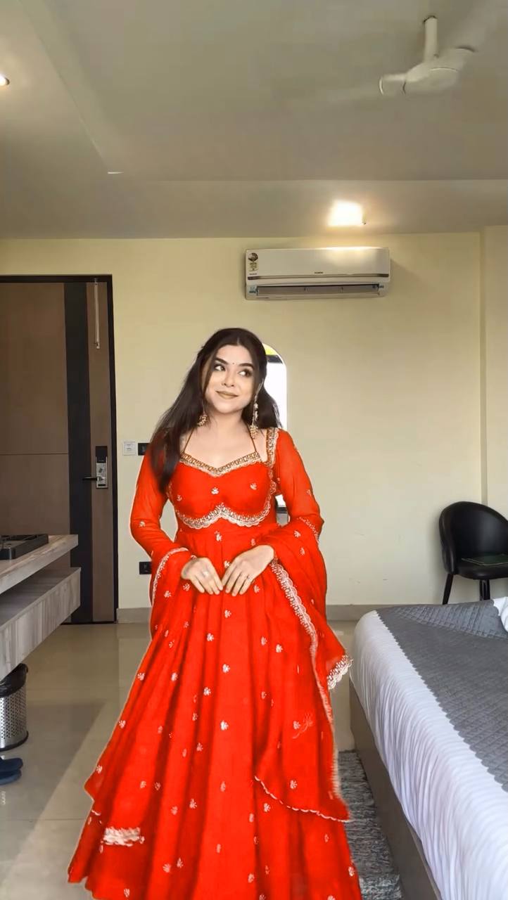 Orange Color Georgette Embroidered Designer Trendy Gown