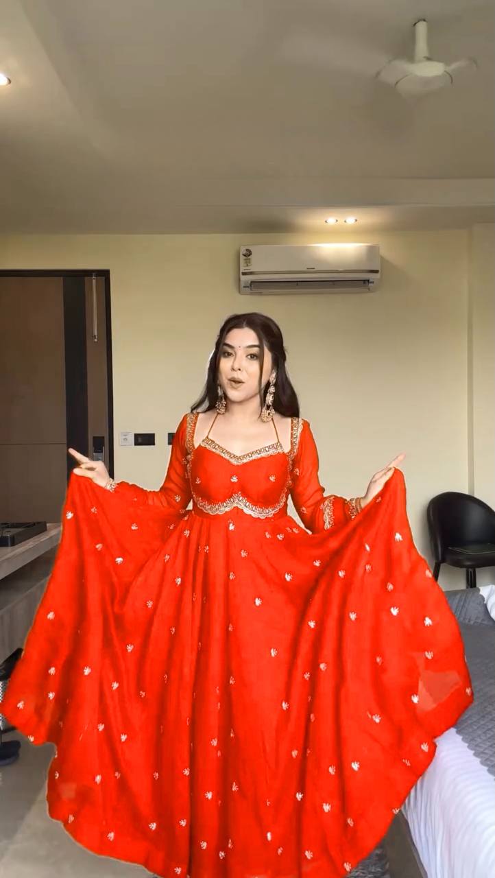 Orange Color Georgette Embroidered Designer Trendy Gown