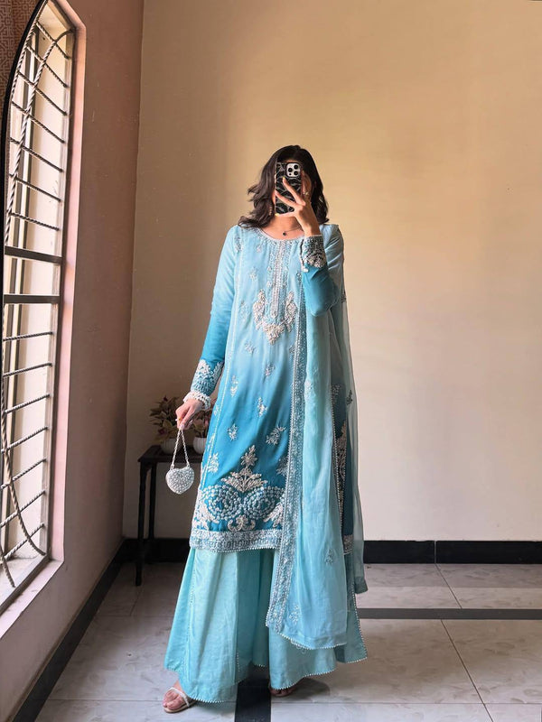 Blue Color Chinon Silk Designer Trendy Party Wear Palazzo Suit