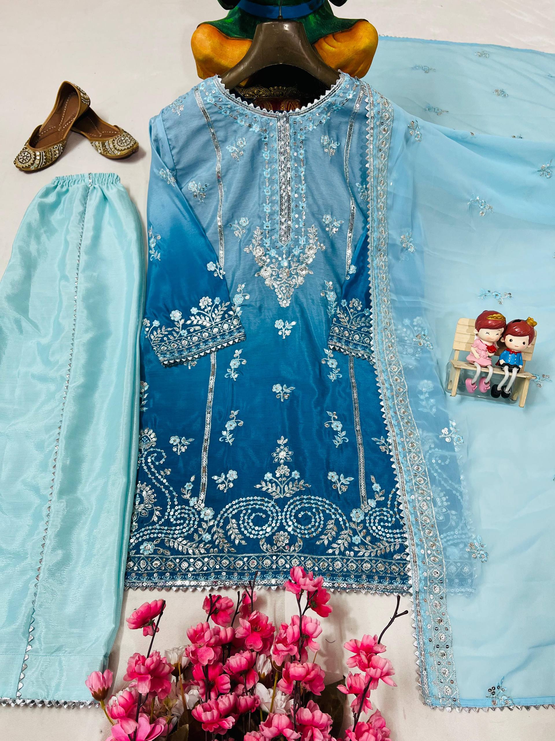 Blue Color Chinon Silk Designer Trendy Party Wear Palazzo Suit