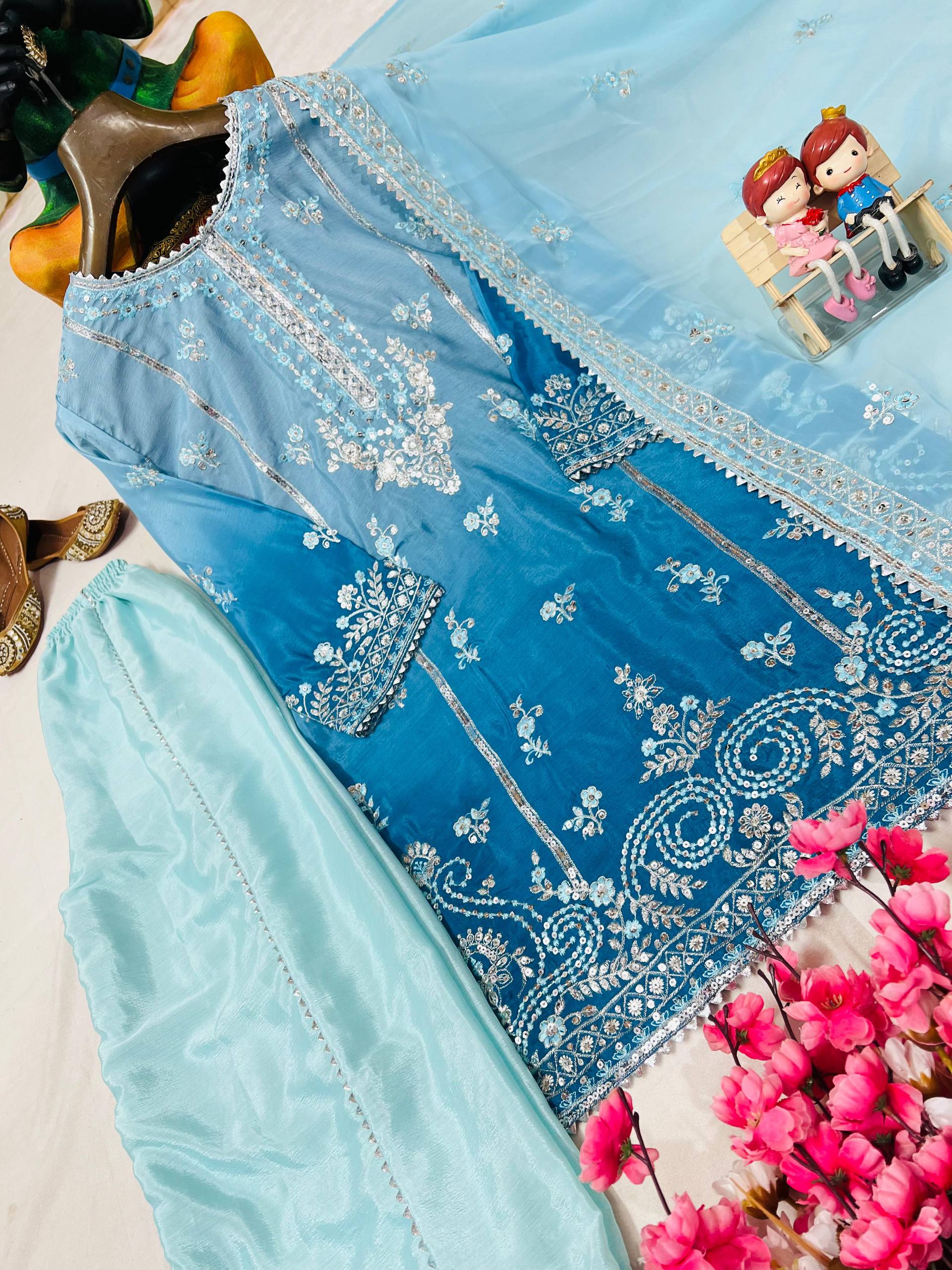 Blue Color Chinon Silk Designer Trendy Party Wear Palazzo Suit