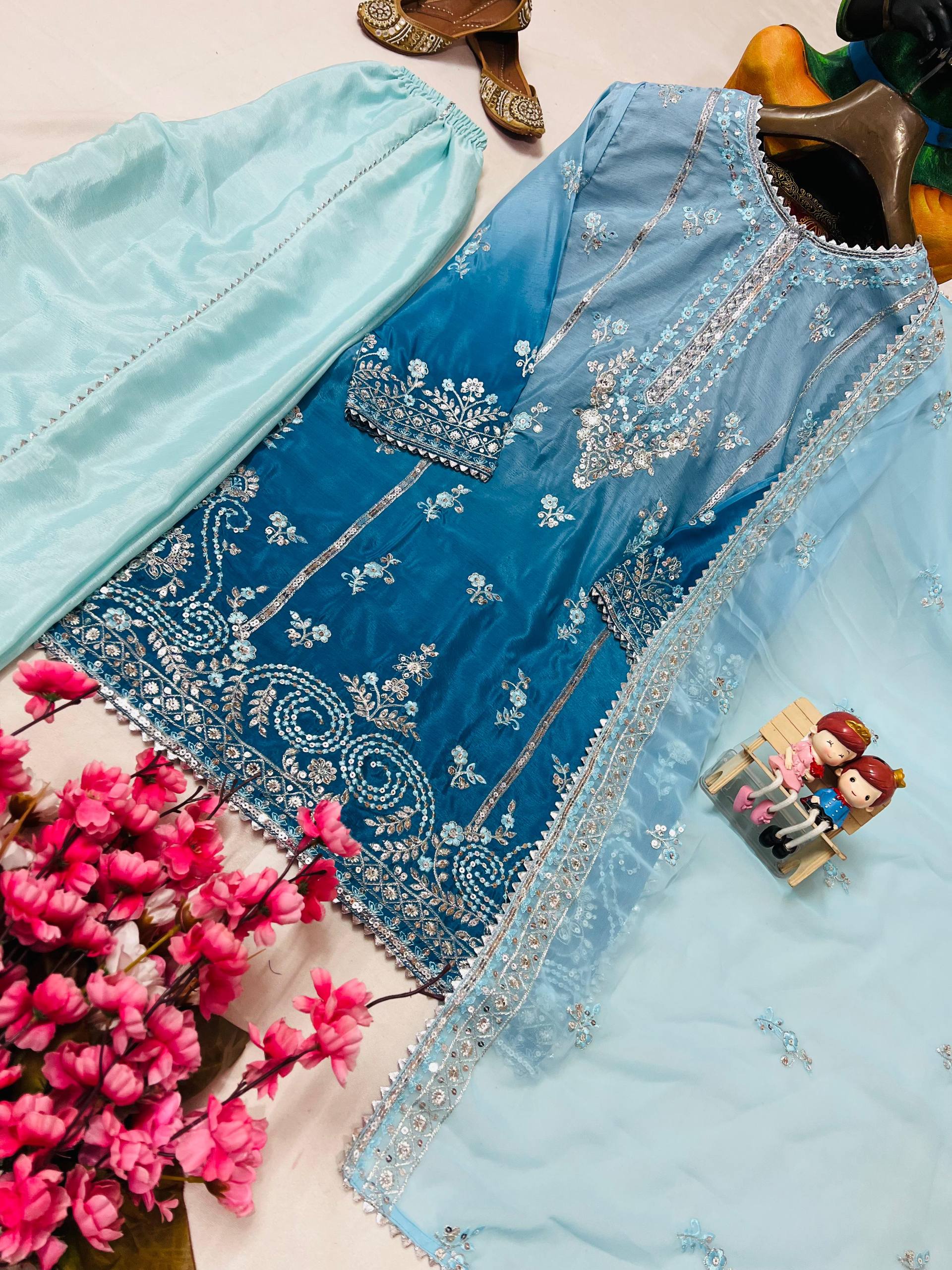 Blue Color Chinon Silk Embroidered Work Salwar Suit