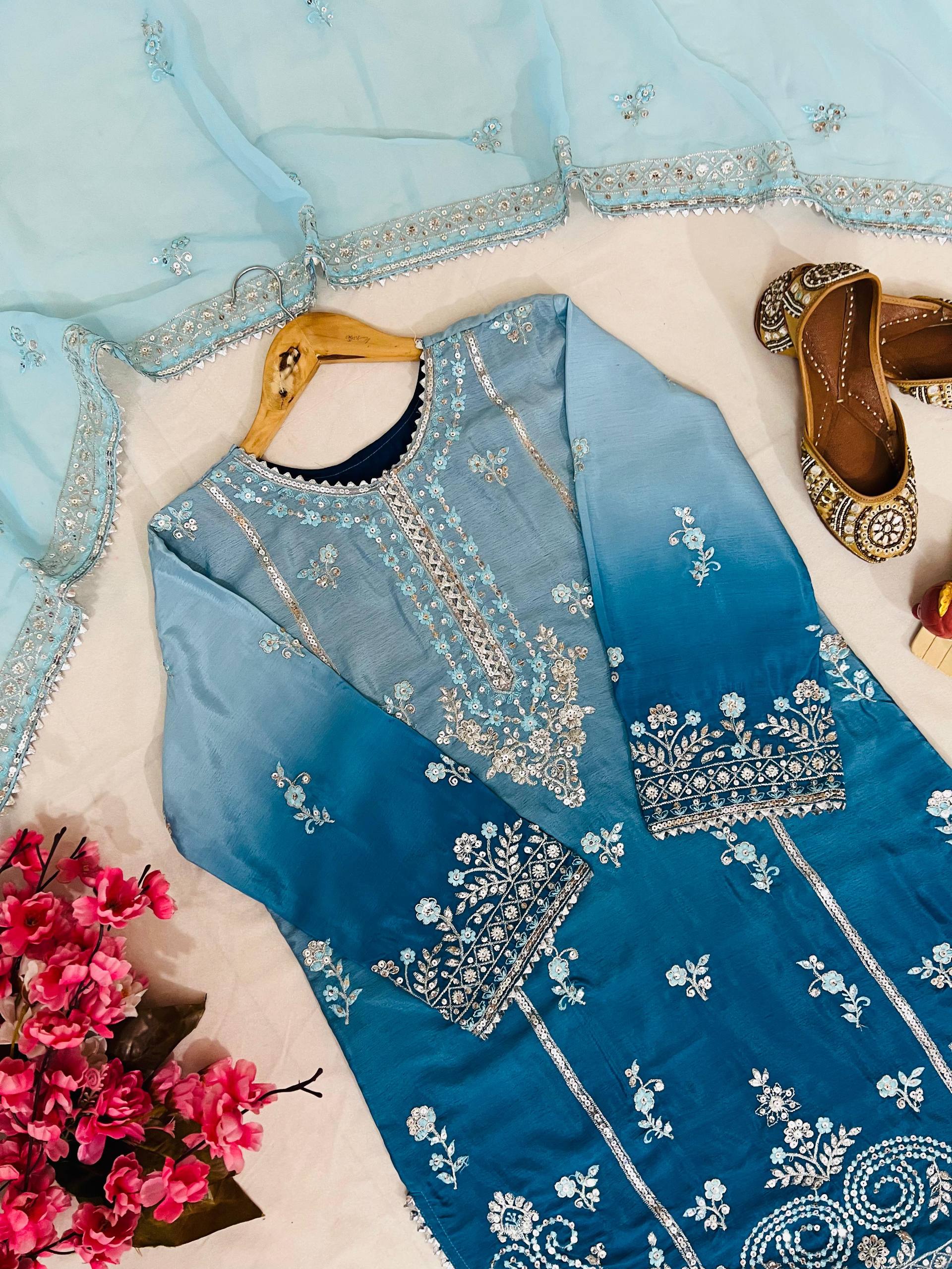Blue Color Chinon Silk Designer Trendy Party Wear Palazzo Suit