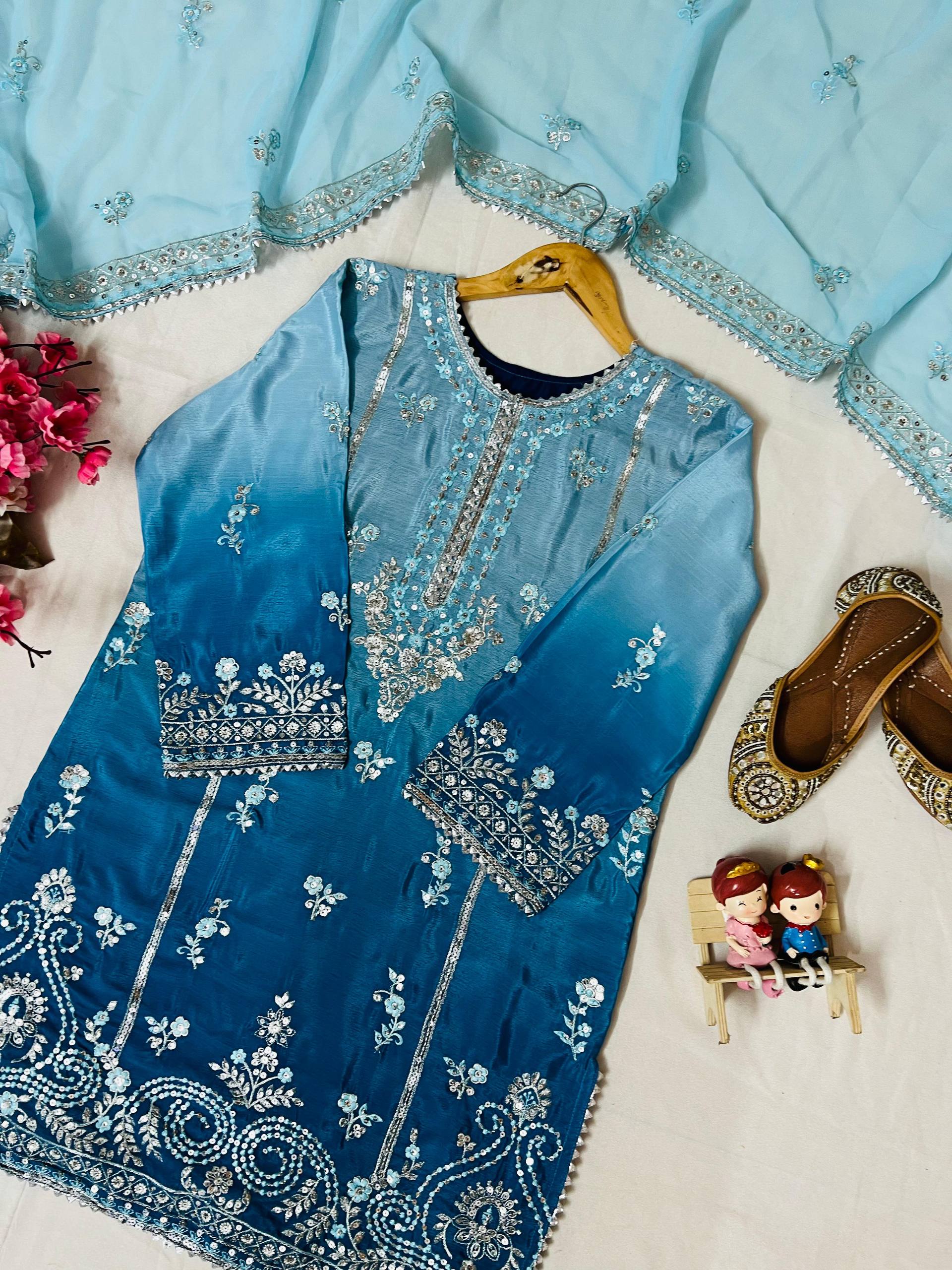 Blue Color Chinon Silk Embroidered Work Salwar Suit