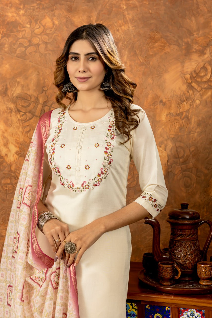 White Color Embroidery Thread Work Designer Salwar Suit
