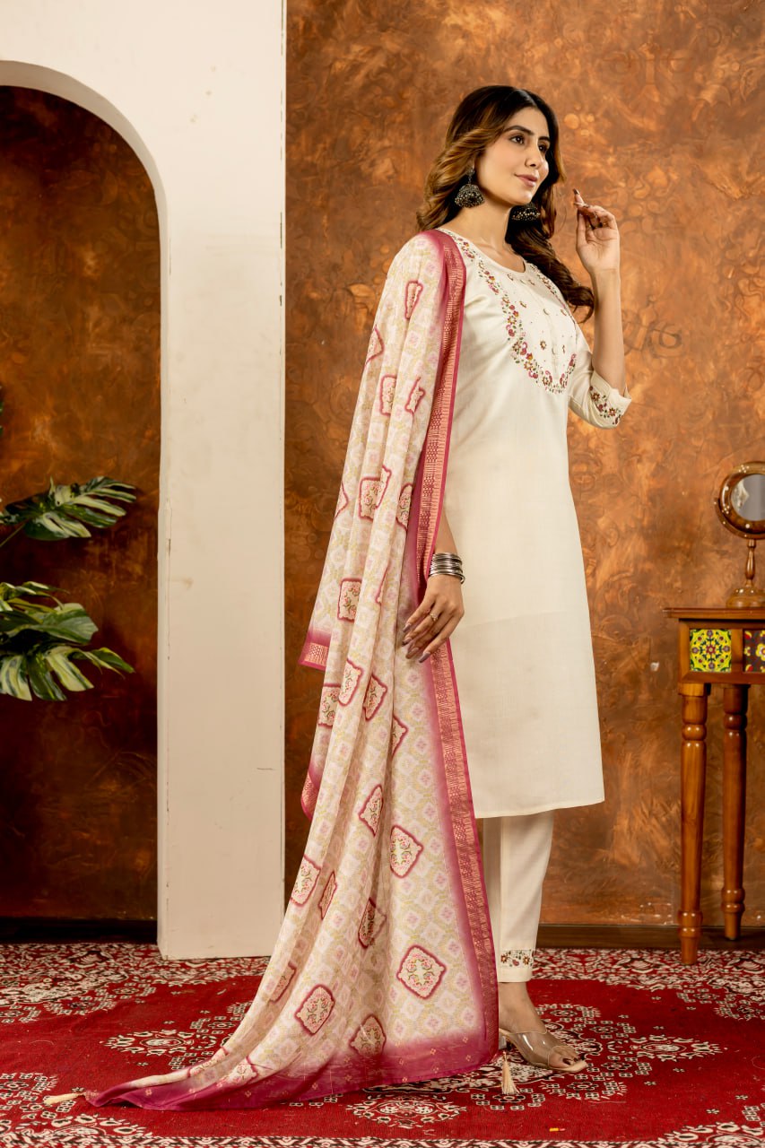 White Color Embroidery Thread Work Designer Salwar Suit