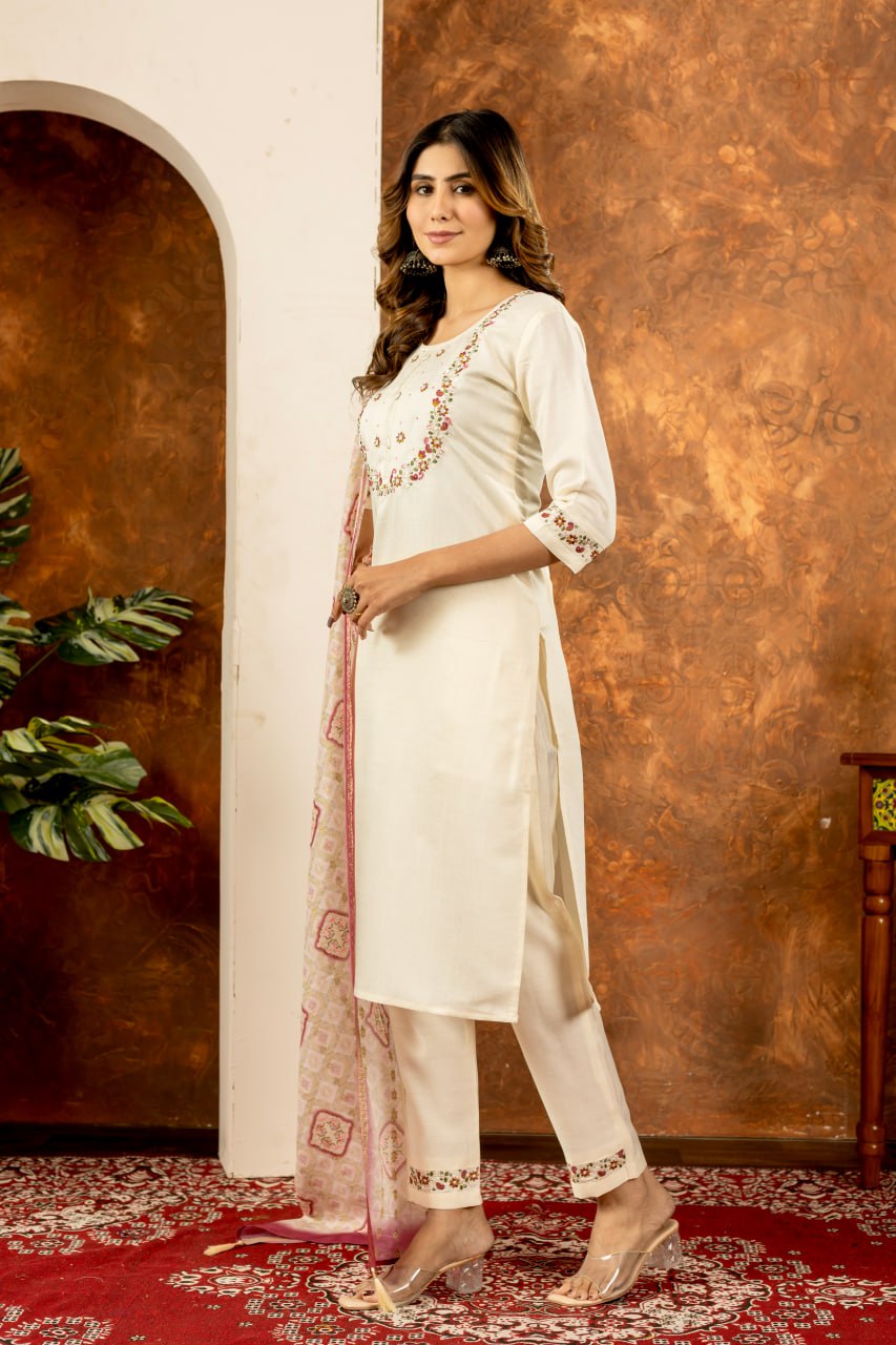 White Color Embroidery Thread Work Designer Salwar Suit