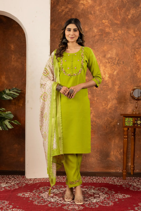 Parrot Green Color Embroidery Thread Work Designer Salwar Suit