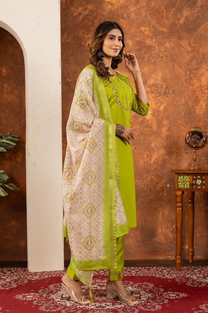 Parrot Green Color Embroidery Thread Work Designer Salwar Suit