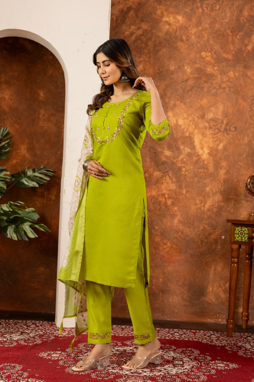 Parrot Green Color Embroidery Thread Work Designer Salwar Suit