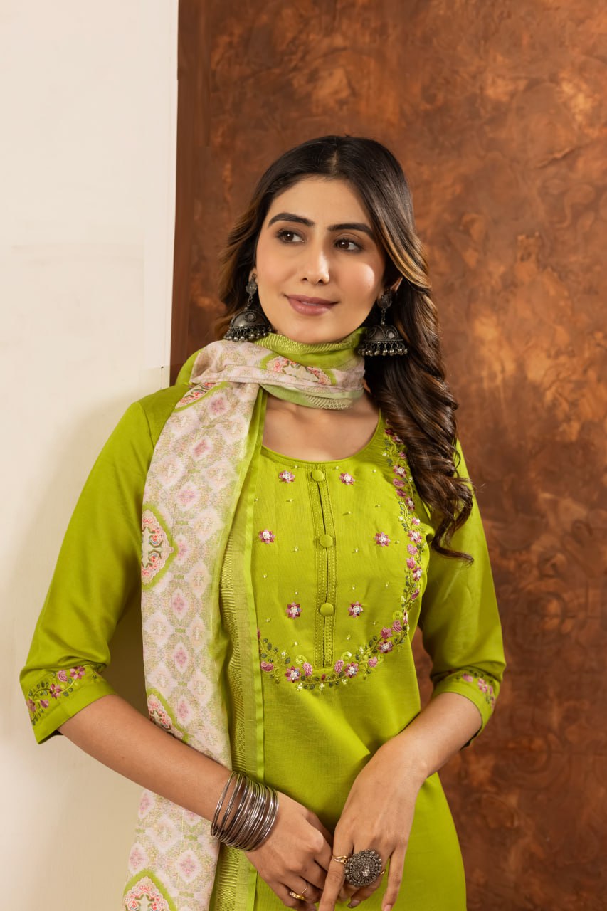 Parrot Green Color Embroidery Thread Work Designer Salwar Suit