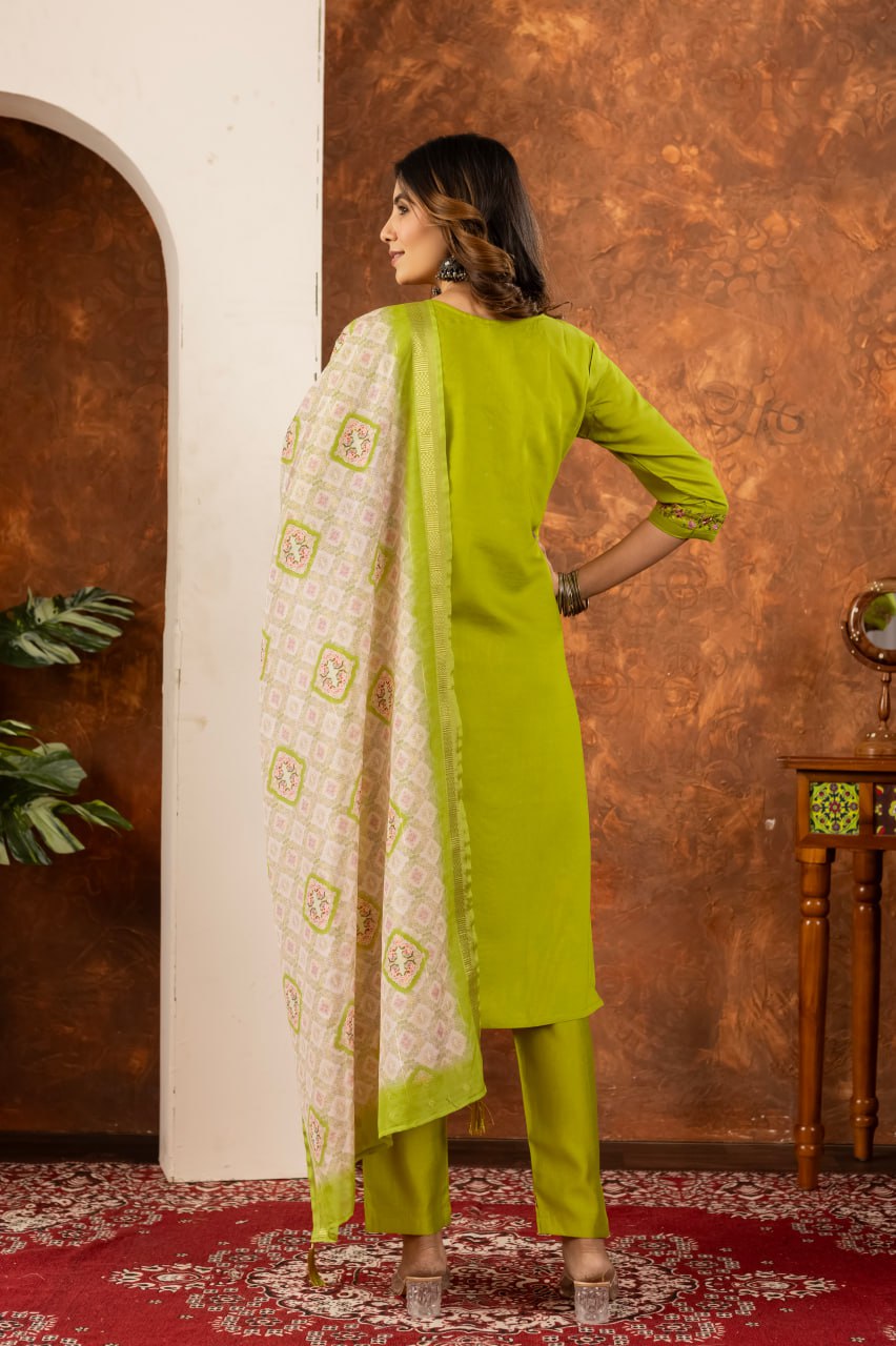 Parrot Green Color Embroidery Thread Work Designer Salwar Suit