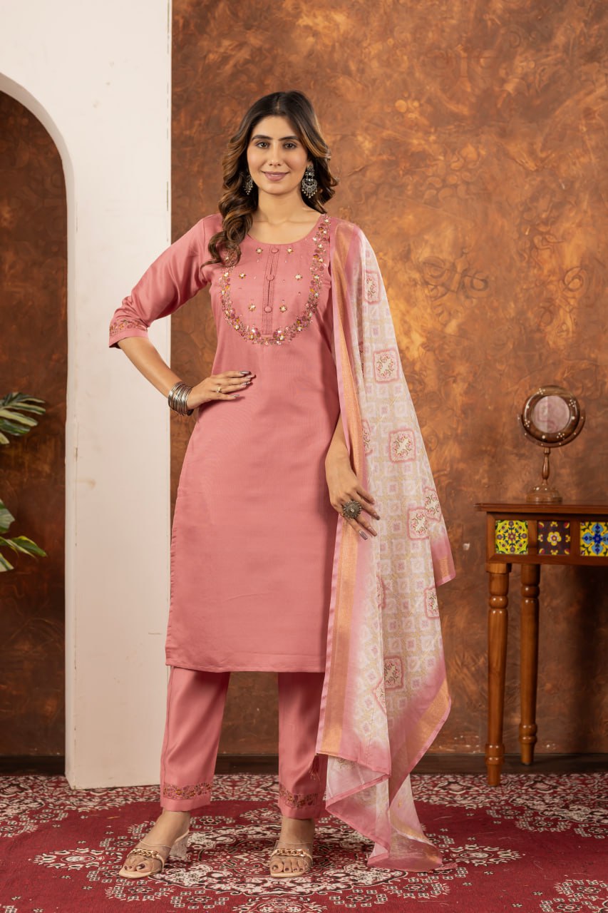 Peach Color Embroidery Thread Work Designer Salwar Suit