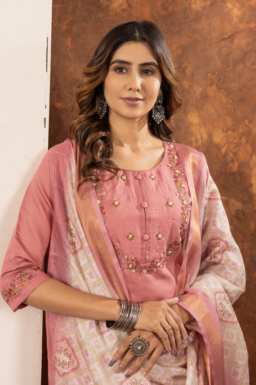 Peach Color Embroidery Thread Work Designer Salwar Suit