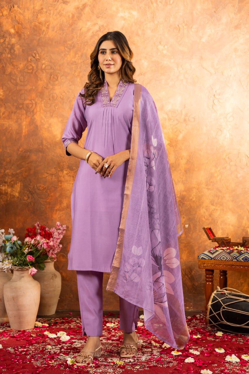 Lavender Color Embroidery Thread Work Designer Salwar Suit