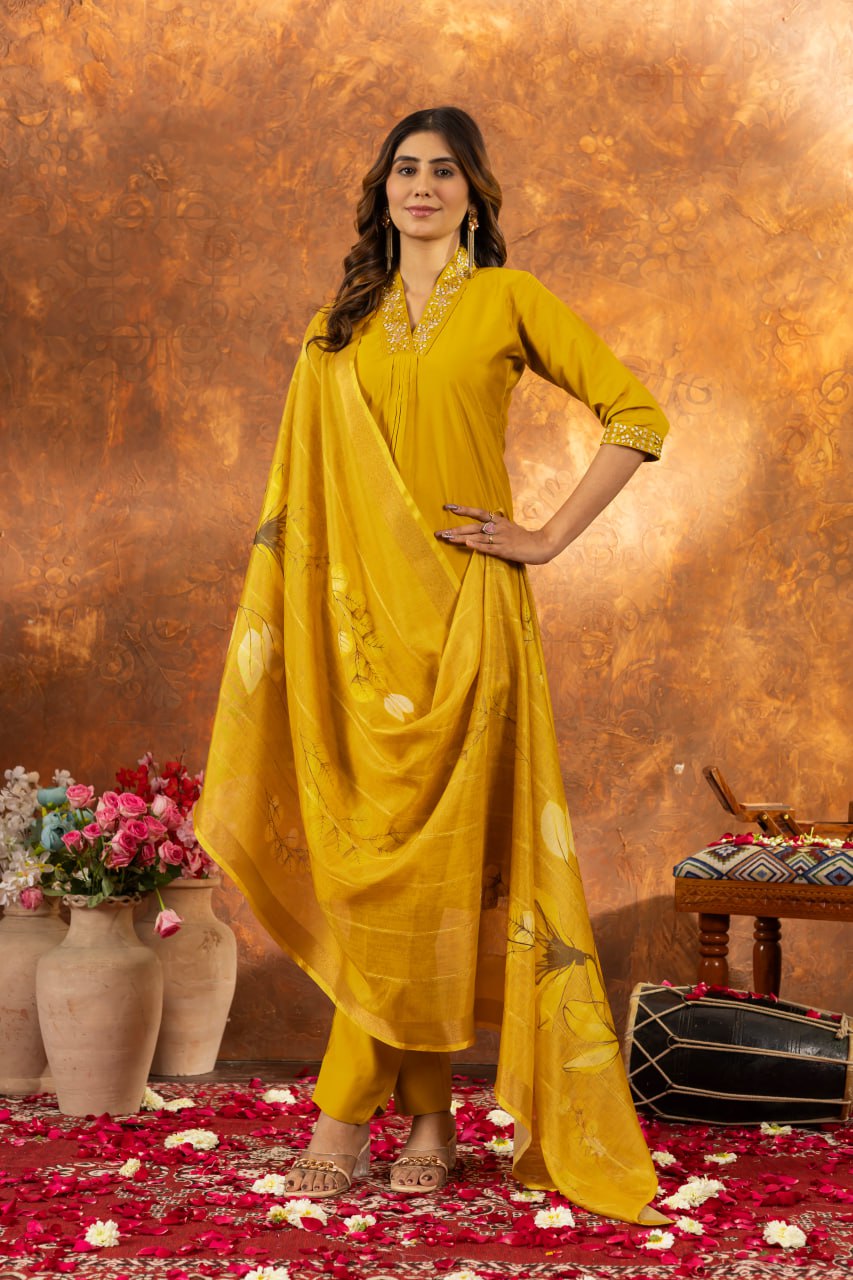 Yellown Color Embroidery Thread Work Designer Salwar Suit