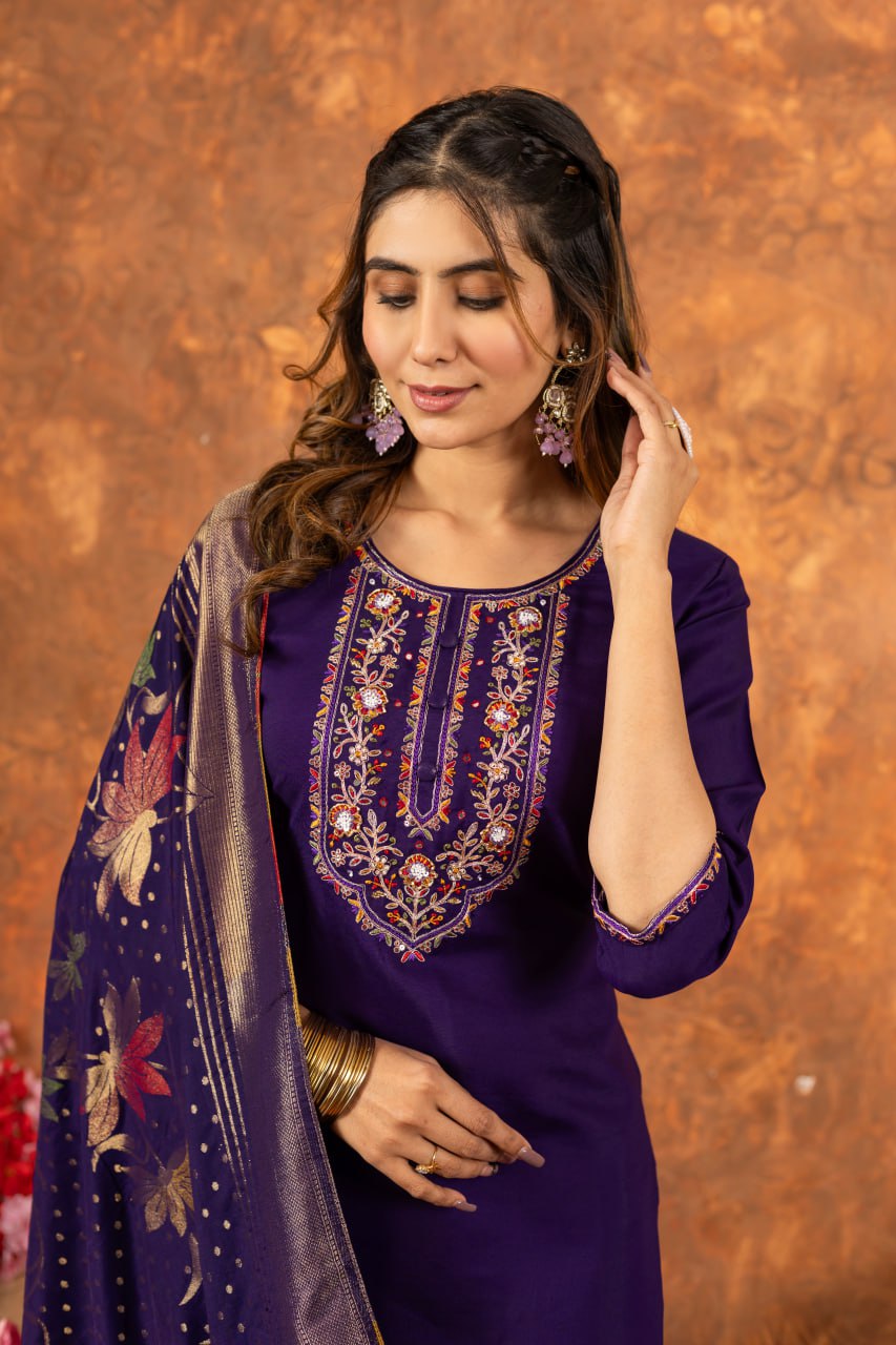 Purple Color Embroidery Thread Work Designer Salwar Suit