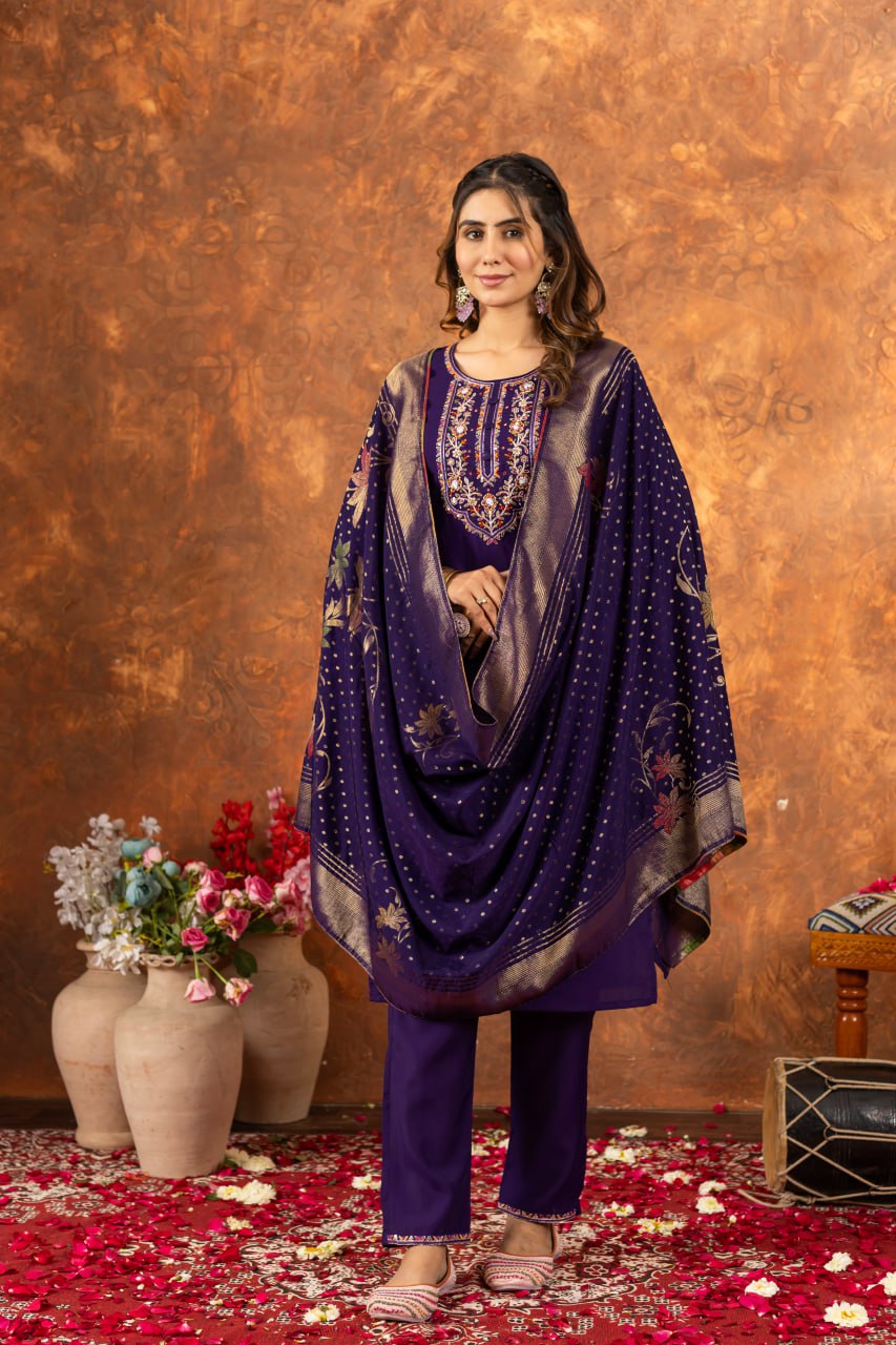 Purple Color Embroidery Thread Work Designer Salwar Suit