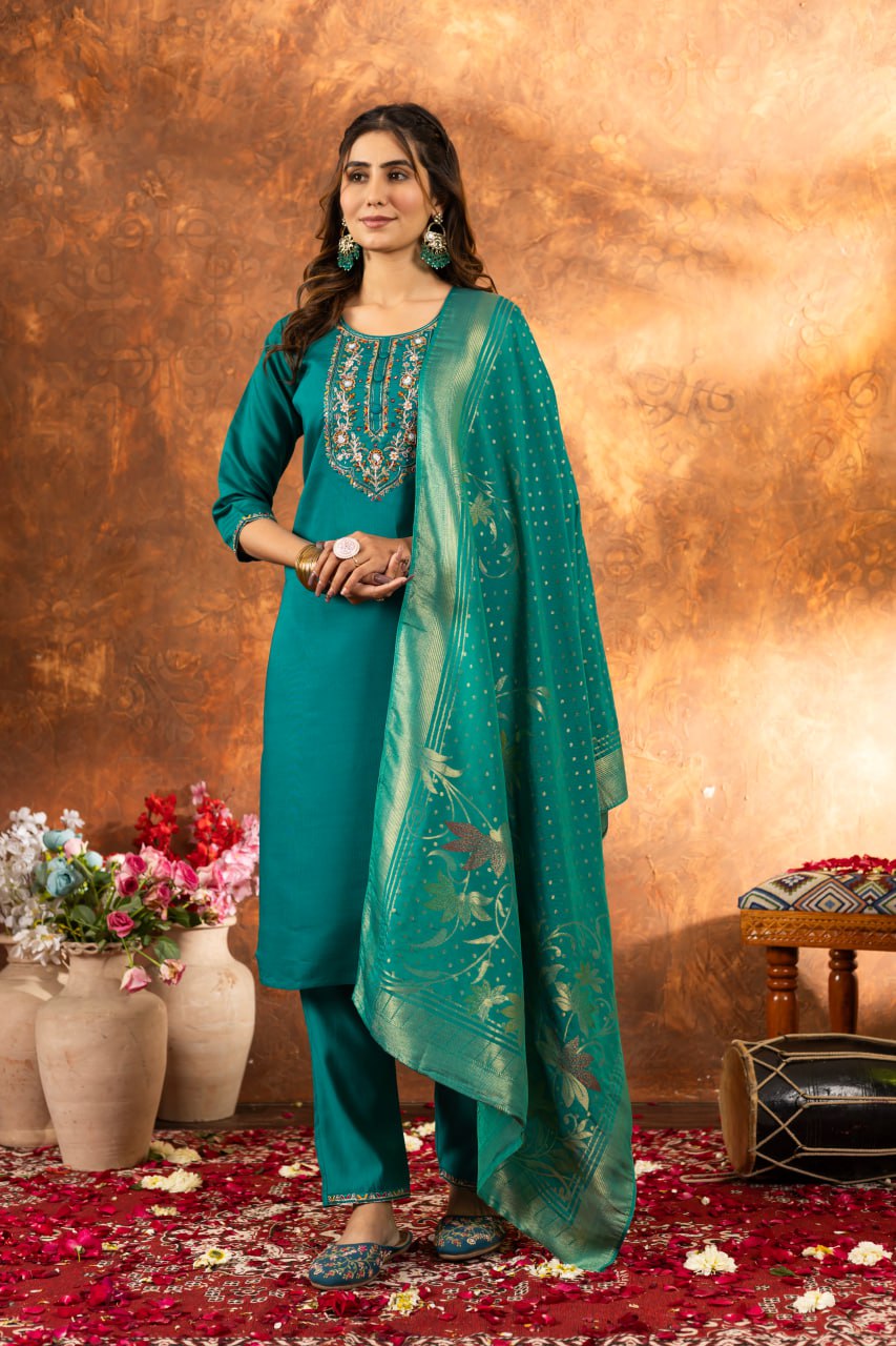 Rama Color Embroidery Thread Work Designer Salwar Suit