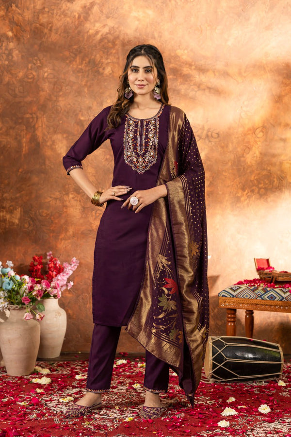 Wine Color Embroidery Thread Work Designer Salwar Suit