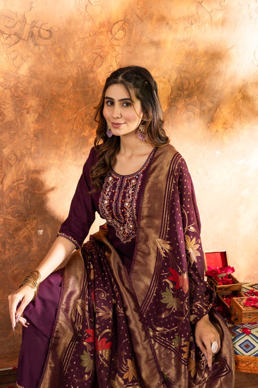 Wine Color Embroidery Thread Work Designer Salwar Suit