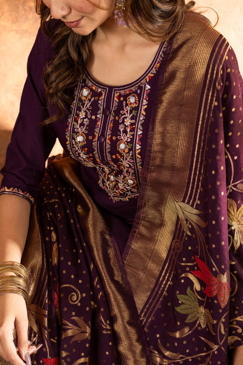 Wine Color Embroidery Thread Work Designer Salwar Suit