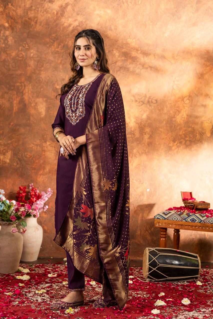 Wine Color Embroidery Thread Work Designer Salwar Suit