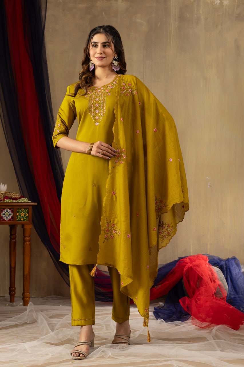 Mustard Color Embroidery Thread Work Designer Salwar Suit